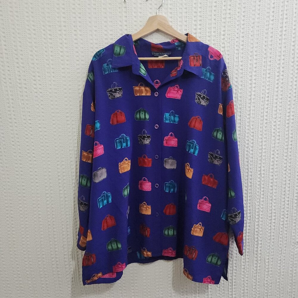 Vintage Maggie McNaughton handbag print colorful button up blouse Purple 3X - Picture 2 of 12